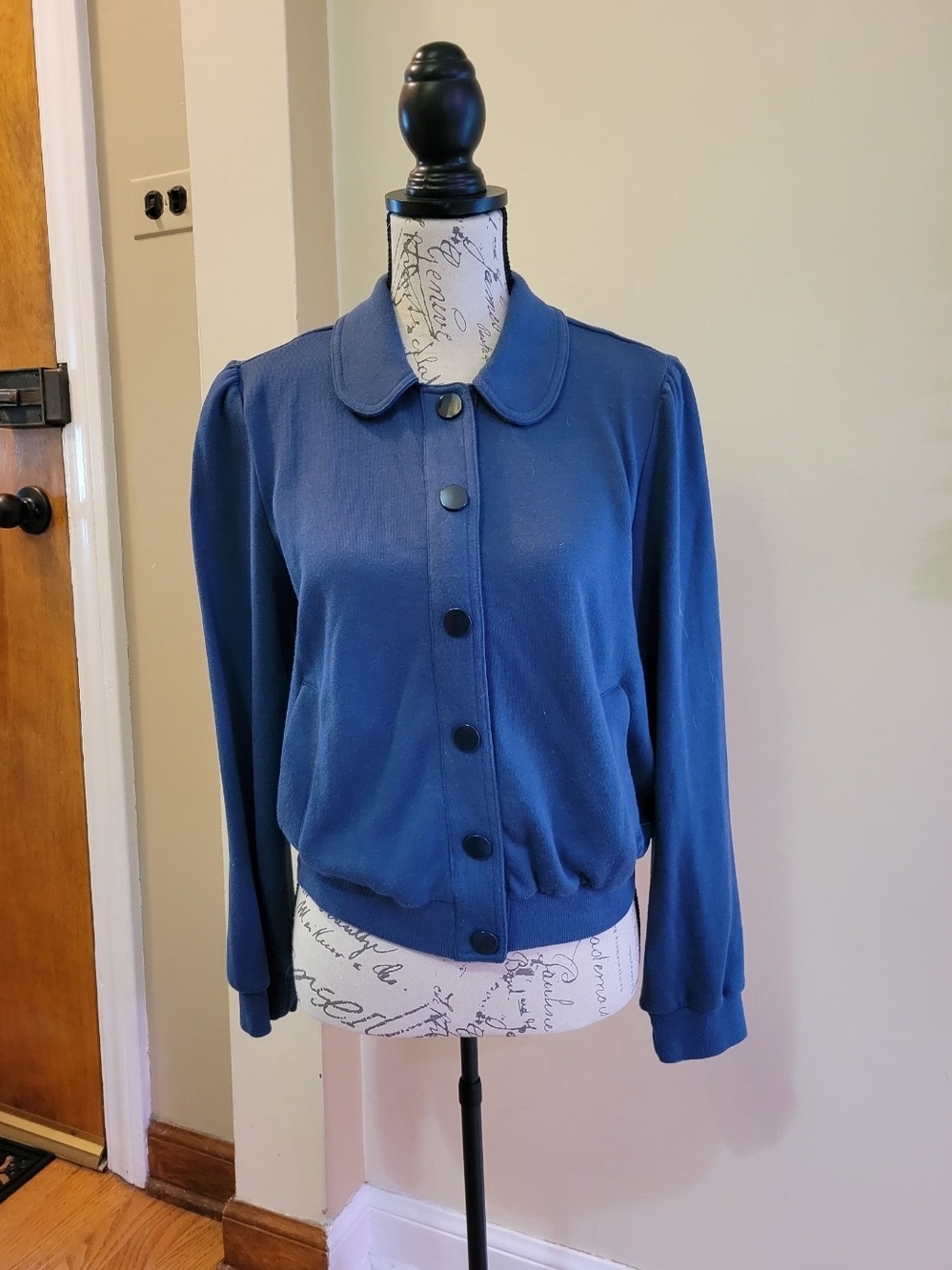 ModCloth Blue Button-Front Bomber Jacket Size Medium